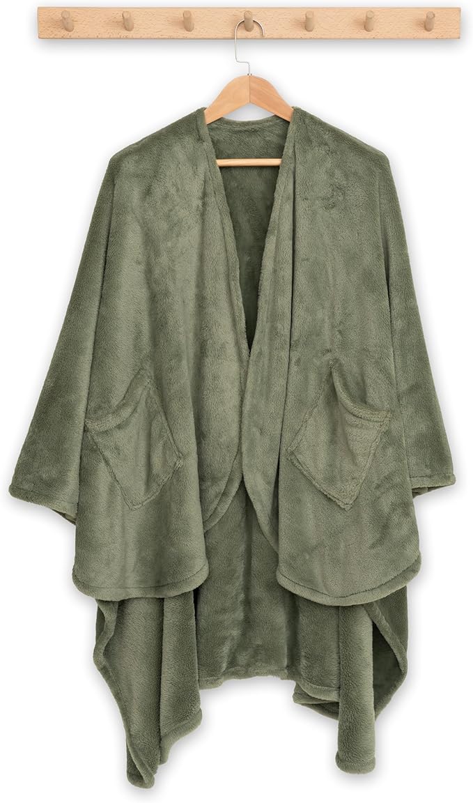 Berkshire Blanket Primalush™ Wearable Blanket, Cozy Loungewear Pocketed Plush Cape Wrap for Adults & Teens(Dark Sage, One Size 58"X64")