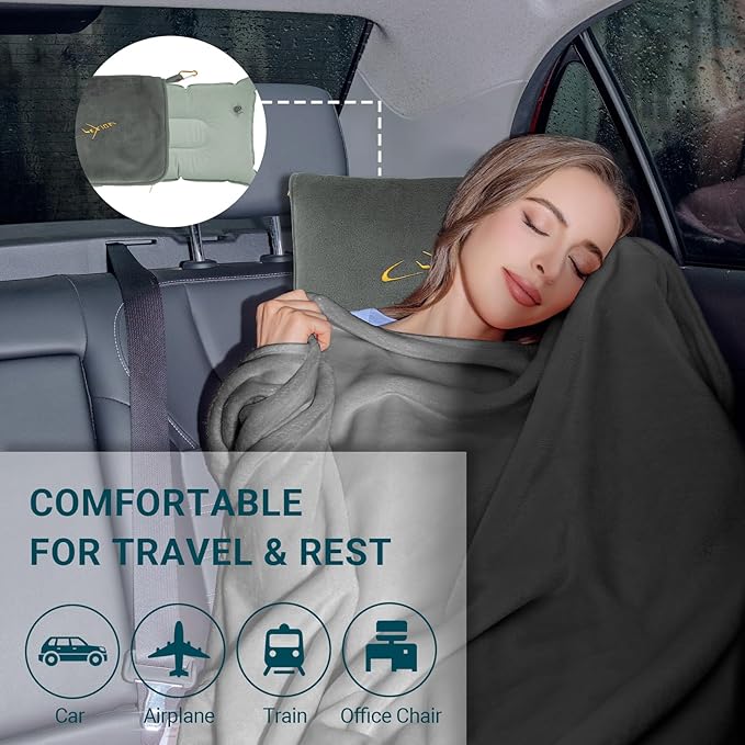 Travel Blanket and Pillow Set for Airplane, 300 GSM Soft Fleece Compact Travel Blanket with Inflatable Pillow and Carry Bag, 60x43 Inches, Grey