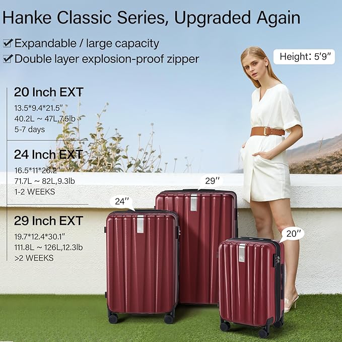 Hanke 20 Inch Expandable Carry on Luggage 22x14x9 Airline Approved Lightweight PC Hard Shell Suitcases with Wheels Tsa Luggage Rolling Suitcase Travel Luggage Bag for Weekender(Burgundy)