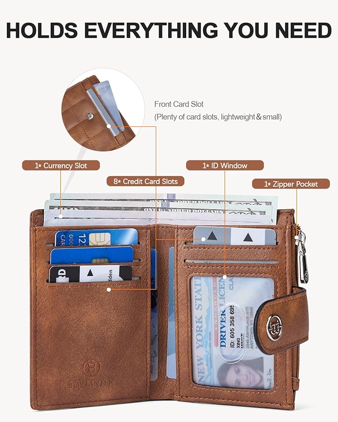 BOSTANTEN Small Wallet for Women Leather RFID Blocking Card Holder Bifold Compact Wallets With Zipper Coin Pocket Brown