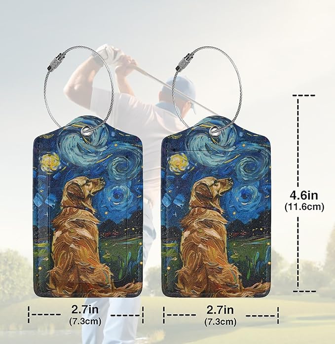2 Pack Luggage Tags for suitcases Starry Night Dog TSA Approved Label Luggage Tag Baggage Tag Leather Stainless Steel Loop Label Tag for Men Women Travel Bag Suitcase