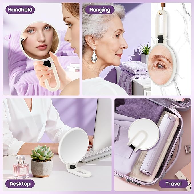 B Beauty Planet 40X Magnifying Mirror, Hand Mirror with Handle, Double Sided Hand Mirror with 40X/1X Magnification, Travel Essential Portable Foldable Makeup Mirror for Precision Makeup White
