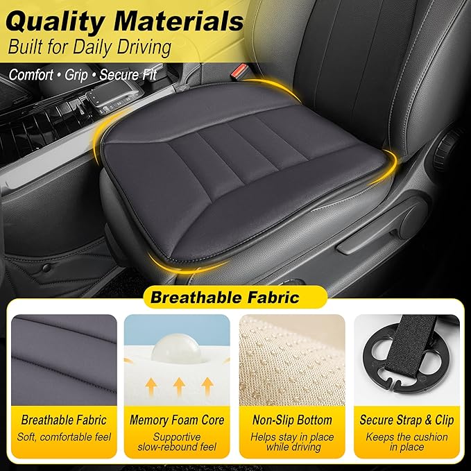 kingphenix 3-Piece Car Seat Cushion Set, 1.2inch Memory Foam Comfort, 2 Front Automotive Seat Cushions + Rear Bench Cushion, Non-Slip Bottom, Fits Sedan SUV Truck Van, Car & Office Chair, Dark Grey