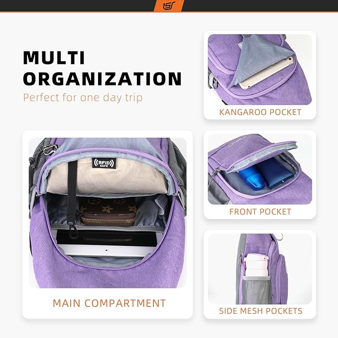 SKYSPER Sling Bag RFID Crossbody Sling Backpack Cross Body Shoulder Bag Travel Hiking Daypack for Women Men(Purple)