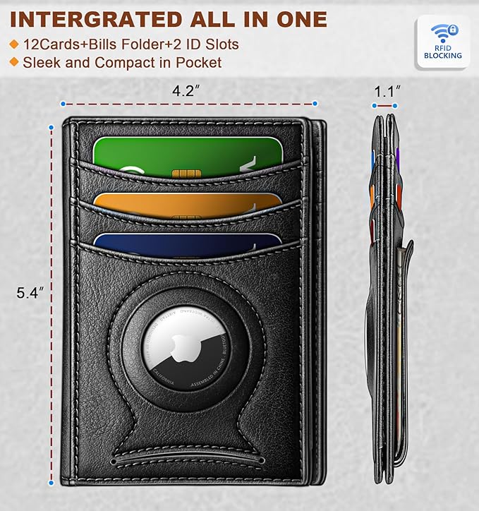 BULLIANT Men Airtag Wallet,Slim Wallet Money Clip Card Holder Magnetic Closure 12 Cards in Front Pocket RFID Blocking