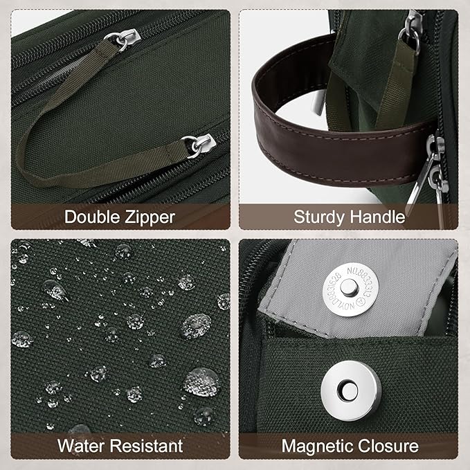 Wedama Toiletry Bag for Men, Medium Hanging Travel Toiletry Bag, Extra Electronic Organizer Bag Waterproof Shaving Bag for Toiletry with PU Handle for Travel Business Trips Swim Camping, Green+ Brown