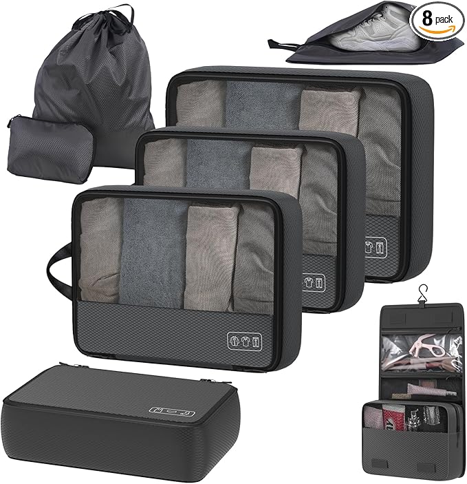 8-Piece Compression Packing Cubes for Travel, Ultralight Luggage Organizer Set with Double Zipper, Space Saving for Suitcase & Carry-On, Ideal for Business Trip Weekend Getaway - Gray
