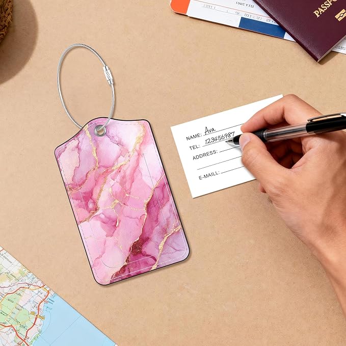 2 Pack PU Leather Luggage Tags for Suitcases, Privacy Protection Cover with Stainless Steel Loop and Address Card, Travel Cruise Essentials (Pink Gold Marble)