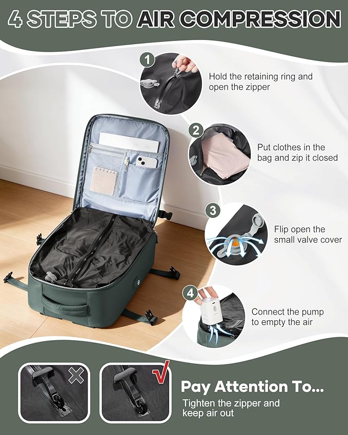 VECAVE Vacuum Travel Backpack with Pump for Women, Personal Item Carry on Backpacks Flight Approved 18x14x8 inches for Men,Laptop Waterproof Work Compression bags Casual Daypack. (Green)