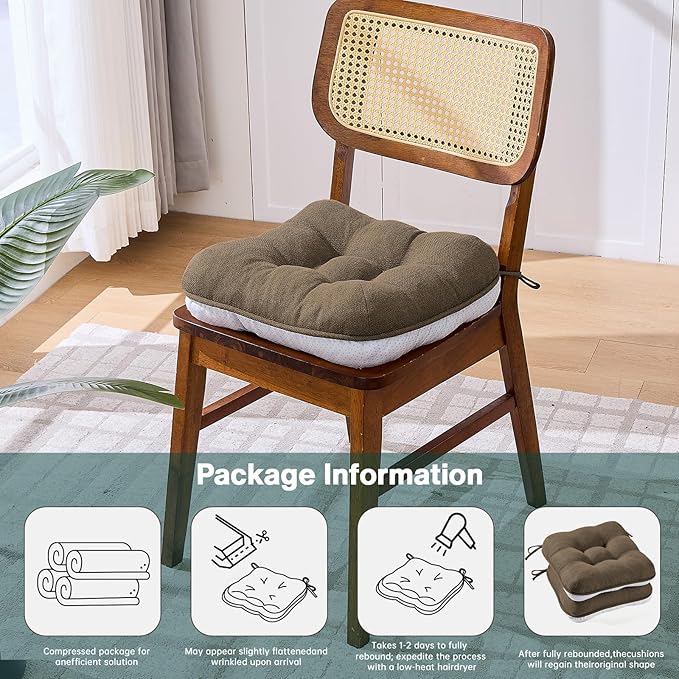 BETU Chair Cushions for Dining Chairs Set of 2,3.5" Thick Kitchen Table Chair Pads with Ties,Non Slip Backing and Covers, Seat Cushion for Dining Room,Bar,Patio Chairs,16"X16"X3.5",Brown