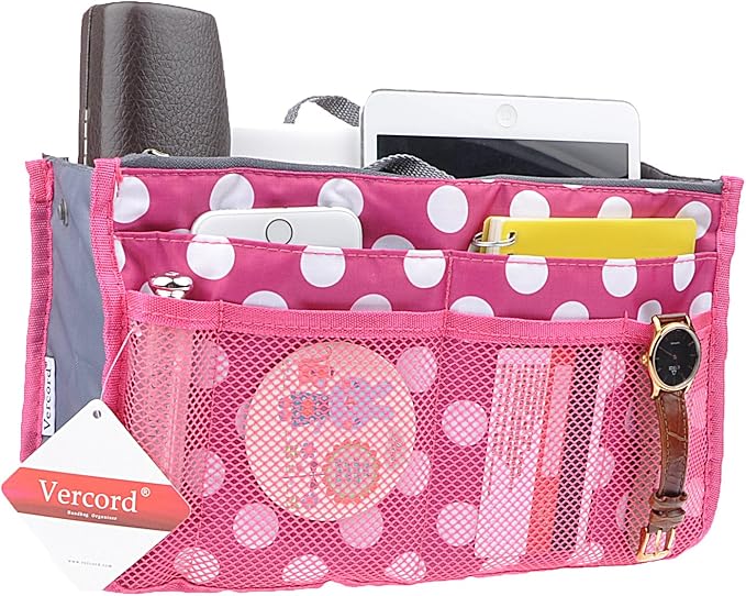 Vercord Purse Organizer Insert for Handbags Bag Organizers Inside Tote Pocketbook Women Nurse Nylon 13 Pockets Rose Dot Medium