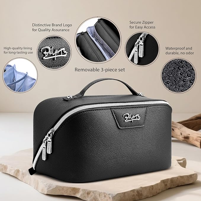 BOYATU Travel Makeup Bag Cosmetic Bags for Women: Large Capacity 3 Pcs Set Make up Bag with Compartments - Waterproof Vegan Leather Toiletry Organizer Bags with Handle (L26Black)