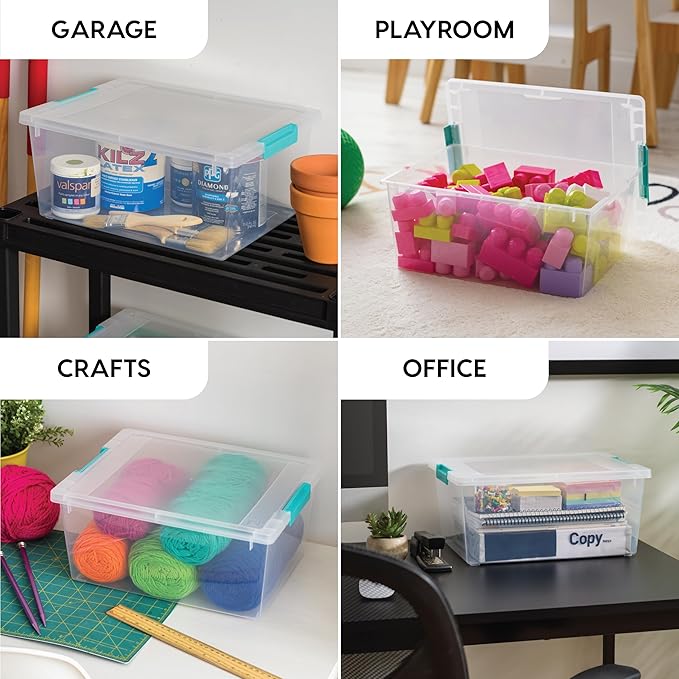 IRIS USA 12 Qt. Craft Storage Bins with Lids, 4-Pack, |Made in USA|, Clip Box, Medium Plastic Sensory Bin Tote Organizer Containers for Art Supplies, Paper, & Office, Stackable - Clear/Seafoam Blue