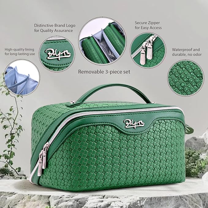 BOYATU Travel Makeup Bag Cosmetic Bags for Women: Large Capacity 3 Pcs Set Make up Bag with Compartments - Waterproof Vegan Leather Toiletry Organizer Bags with Handle (L38 Green)