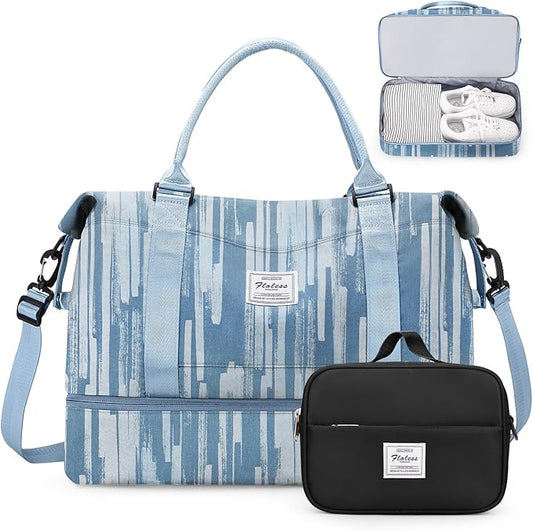 Weekender Bags for Women,Personal Item Travel Bag with Shoes Compartment,Overnight Travel Duffel Bag with Toiletry Bag,Denim Print
