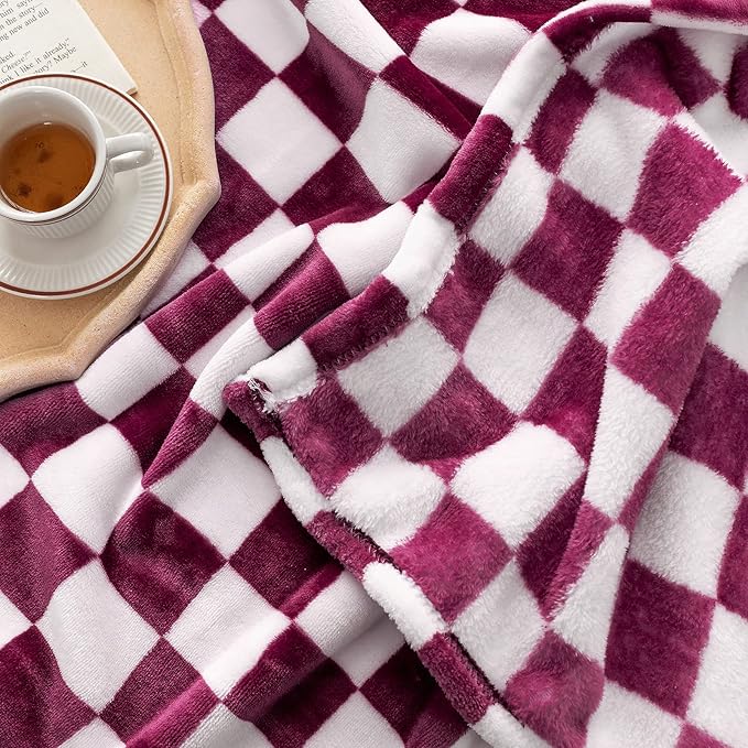 LOMAO Throw Blankets Flannel Blanket with Checkerboard Grid Pattern Soft Throw Blanket for Couch, Bed, Sofa Luxurious Warm and Cozy for All Seasons (Burgundy, 60"x80")