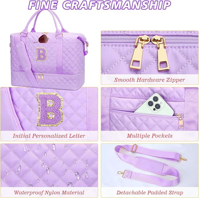 Gifts for Teenager Girl Initial Travel Duffle Bag Quilted Weekender Bags Carry-On Overnight with Cosmetic Bag, Gym Bag with Shoe Compartment Hospital Bag for Women Labor Delivery, Purple-B