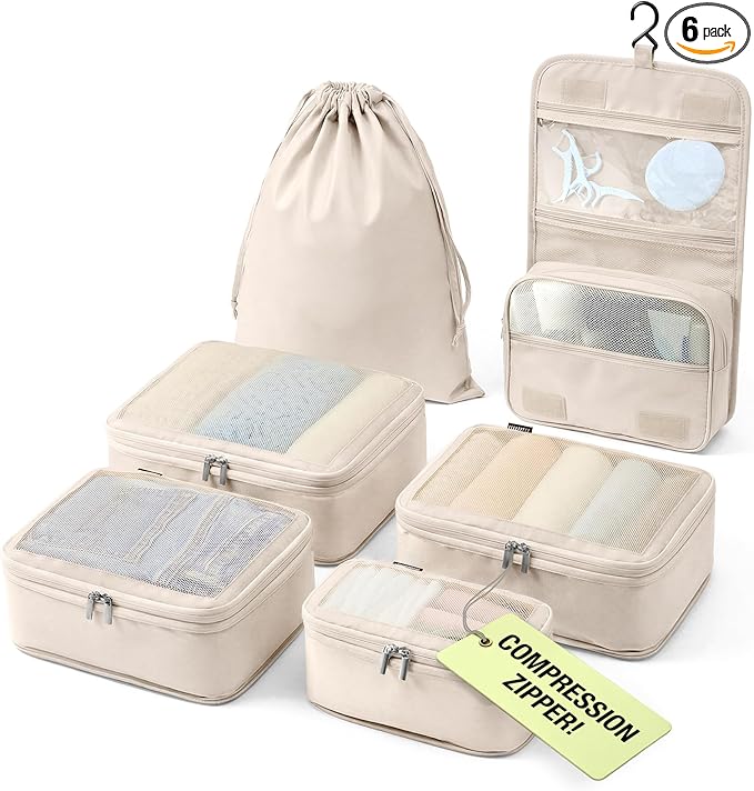 Vandel Space-Saving Compression Packing Cubes for Women with Hanging Toiletry Bag, Laundry Bag, Compressible Carry On Suit Case Organizer Luggage Packing Cubes for Travel Compression Organizer Bags
