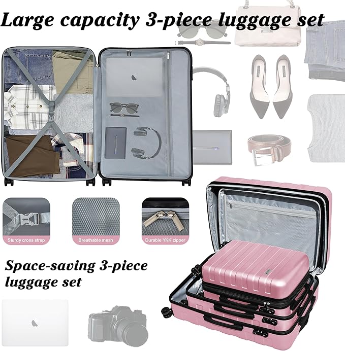 Zebra Luggage Sets 3 Piece, 20" Carry On Luggage with Spinner Wheels, Hardside Business Travel Suitcase Set with TSA Lock, Lightweight Suitcase,20/24/28 inch,Pink