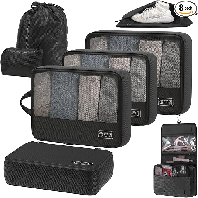 8-Piece Compression Packing Cubes for Travel, Ultralight Sleek Luggage Organizer Set for Business Trips & Frequent Travelers, Space Saving for Carry-On & Suitcase - Black