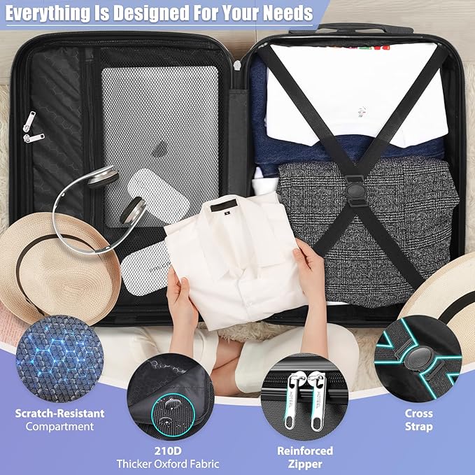 Hoteel Luggage Sets 3 Piece ABS+PC Hardside, 4-Year Warranty, Luggage Set with Dual-Spinner Wheels, TSA Lock, Lightweight Carry on Luggage, 20" Suitcase with Duffel & Organizer, Black