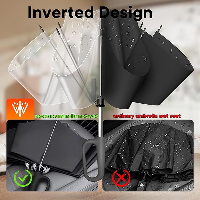QWB TUMAAOTU Inverted Umbrella with Carabiner Handle, Compact Wind Proof Umbrellas For Rain and Sun Protection, Portable Reverse Folding Umbrella, Car Umbrella for Women Men, 10 Ribs
