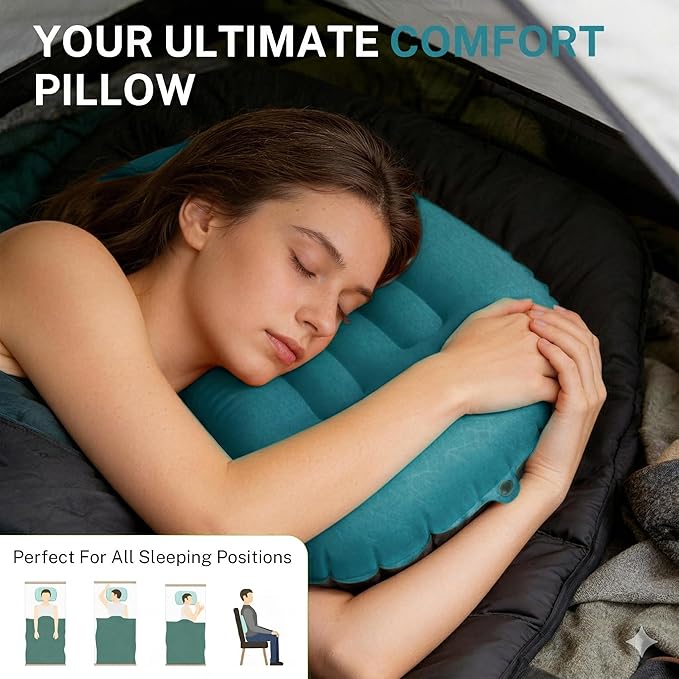 Camping Pillow-Compressible, Ultralight Inflatable,Compact, Comfortable, Ergonomic Inflating Pillows for Neck & Lumbar Support While Camp, Hiking(Grain Blue,with Anti Slip Straps)