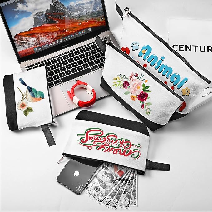 10 Pieces Cotton Canvas Makeup Bag with Bottom and Strap, Multi-Purpose Cosmetic Bag with Zipper Travel Toiletry Pouch, Blank DIY Craft Bag (White&Black, M)