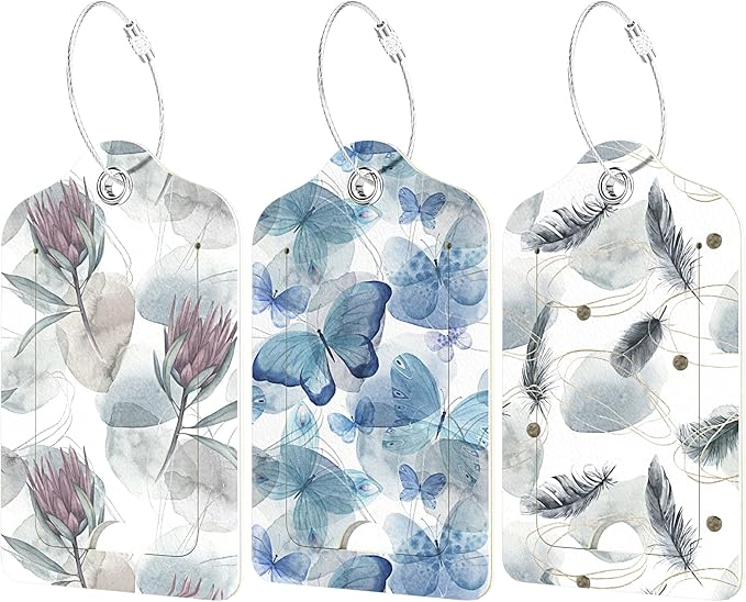 Rimilak 3 Pcs PU Leather Luggage Tags for Suitcase, Travel Cruise Luggage Tag with Privacy Flap, Name ID Label and Metal Loop for Women Men Baggage Handbag School Bag Backpack, Butterfly Feather