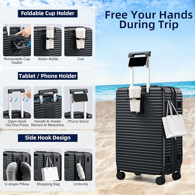 Hard Shell Suitcases 24 Inch Check in Luggage with Spinner Wheels Cup Holder, Lightweight Top Opening Expandable Luggage Hard Case Rolling Medium Checked Suitcase with Lock, Black