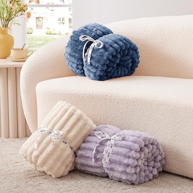 EXQ Home Fleece Throw Blanket for Couch or Bed - 3D Stripe Jacquard Decorative Blankets - Cozy Soft Lightweight Fuzzy Flannel Blanket Suitable for All Seasons(50"×60",Dark Blue)