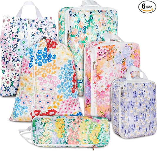 6 Pcs Compression Packing Cubes Waterproof Suitcase Travel Bag Luggage Backpack Organizer Travel Cubes for Packing-Small Floral Print
