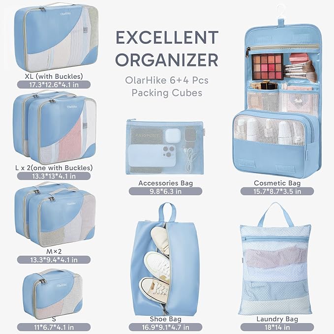 10 Set Packing Cubes for Travel, Gifts for Women Mom,Anti-Tearing Suitcase Organizer for Luggage with Shoe & Hanging Toiletry Bag,OlarHike Vacation Essentials & Accessories for Cruise Ship
