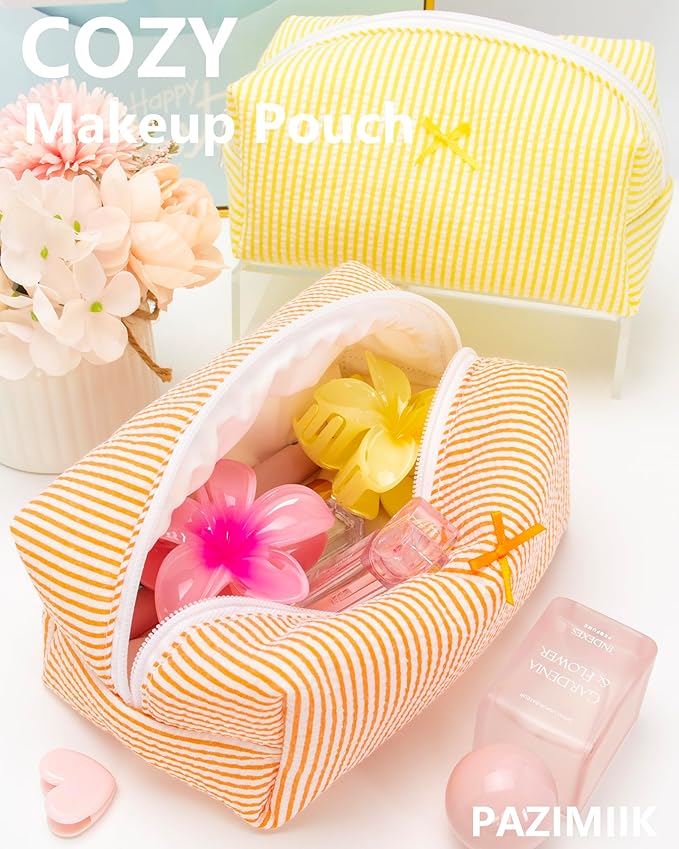 PAZIMIIK 2PCS Cozy Makeup Bag Small Aesthetic Travel Zipper Cosmetic Pouch for Women Make Up Beauty Accessories Brushes, Stripe Orange