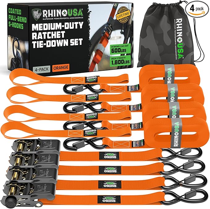 Rhino USA Ratchet Straps Tie Downs (4-Pack) - 1 Inch x 15 Feet (1,823lb Break Strength) - Ultimate Tie Down Straps with Safety S Hooks - for Trucks, Cargo, Moving, Appliances - Orange