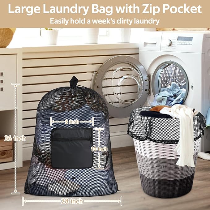 OTraki Mesh Laundry Bags 36 x 28 Inch Extra Large Travel Laundry Bag Backpack Heavy Duty Drawstring Dirty Clothes Laundry Mesh Wash Bag with Shoulder Straps Don't Drying, Melting 140-176℉ Black