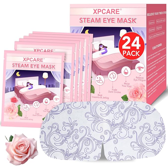XPCARE 24 Pack Steam Eye Masks for Dry Eyes, SPA Warm Sleep Eye Mask, Disposable Heated Eye Mask for Dark Circles, Puffy Eyes, Relief Stress Eye Fatigue(Rose)