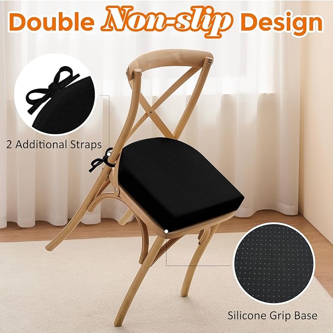 downluxe Chair Cushions for Dining Chairs, Memory Foam Linen Kitchen Chair Pads with Ties, Waterproof, Stain-Resistant and Washable Cover, 17" x 16" x 2.5", Black, 6 Pack