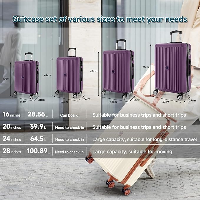 Hoteel 20Inch Luggage 3-piece Set, 360° Universal Suitcases with Wheels Hard Shell Suitcase with TSA Lock, Including Waterproof Luggage Bag, Travel Maletas for Men and Women,Purple