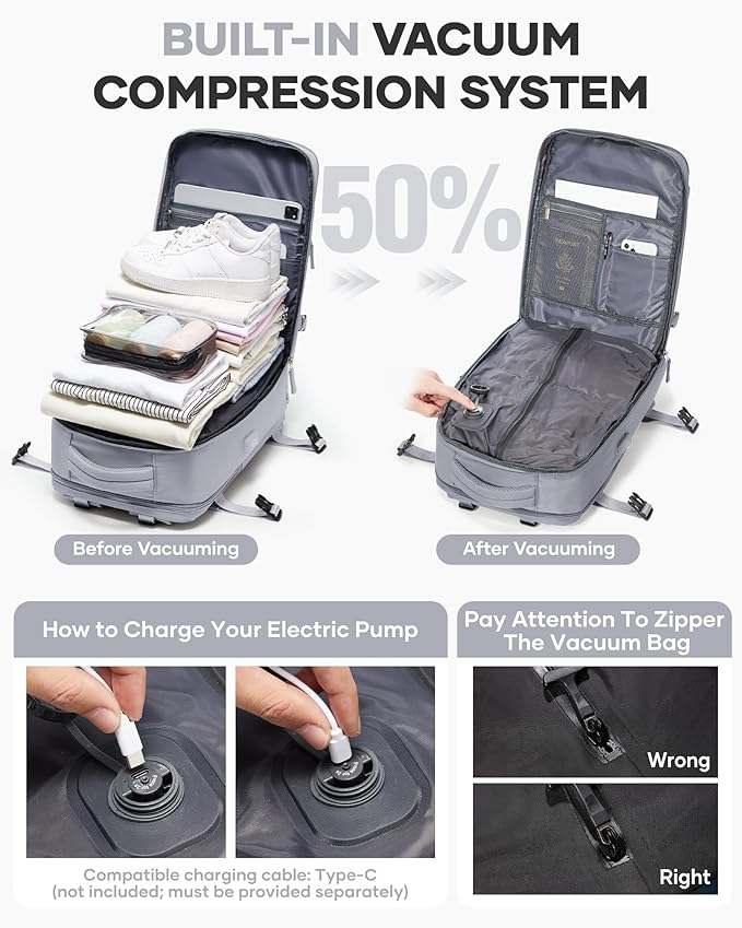 coofay Vacuum Backpack Travel with Pump Vacpack Travel Backpack with Vacuum System Mochila de Viaje Compresion al Vacio Easyvacpack Airbag Backpacks for Traveling Carry on Luggage