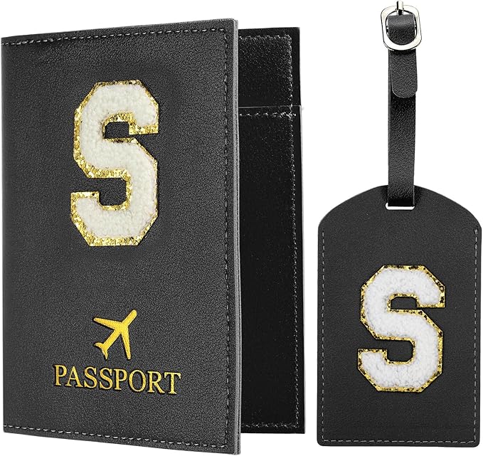 PATIKIL Passport Holder for Travel, Initial Passport Cover and Luggage Tag Set with Alphabet Chenille Letter Patch Travel Wallet Bag Suitcase Identifier for Women Family Travel Black S