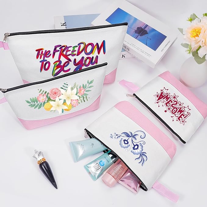 10 Pieces Cotton Canvas Makeup Bag with Bottom and Strap, Multi-Purpose Cosmetic Bag with Zipper Travel Toiletry Pouch, Blank DIY Craft Bag (White&Pink, M)