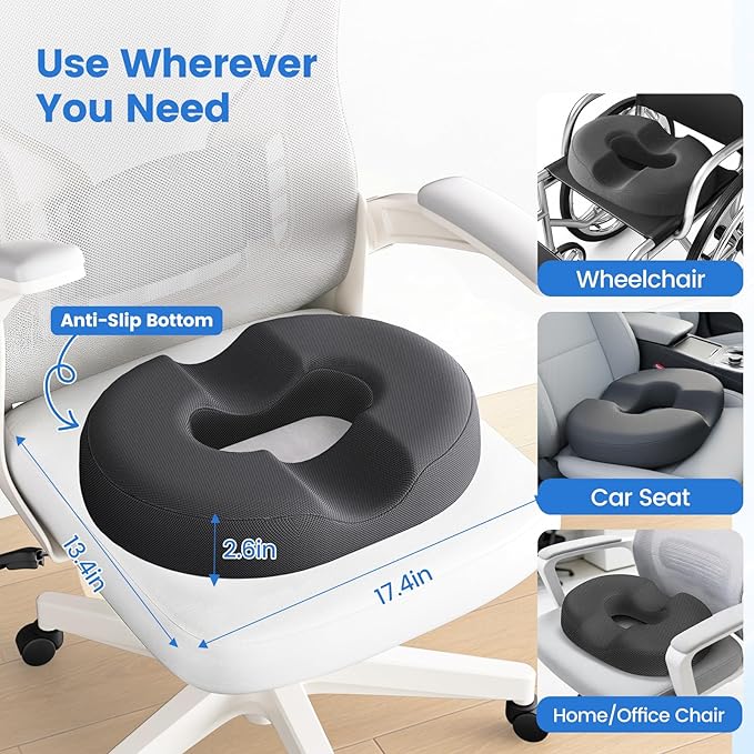 Donut Pillow for Tailbone Pain, Hemorrhoids - Cooling Gel Memory Foam Chair Seat Cushion for Office, Home & Wheelchair, Ergonomic Chair Pad for Pregnancy, Sciatica, Coccyx (Large, Grey)