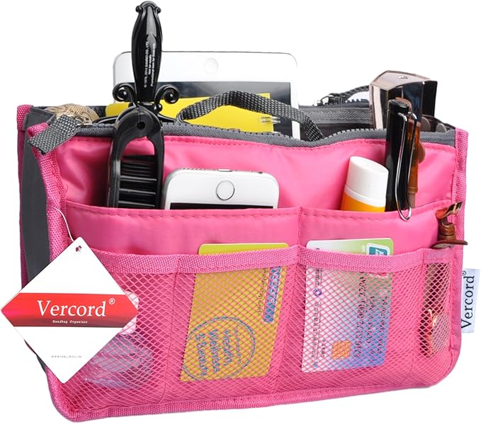 Vercord Purse Organizer Insert for Handbags Bag Organizers Inside Tote Pocketbook Women Nurse Nylon 13 Pockets Rose Medium
