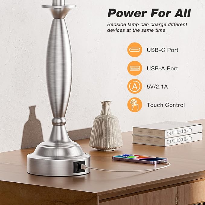 Bedroom Lamps for Nightstand, 3 Way Dimmable Silver Bedside Lamps with USB | Touch, USB C+A Ports, Bulb Included, Gray Shade, Silver, Chrome, Bed Side lamps for Night Stands, Living Room