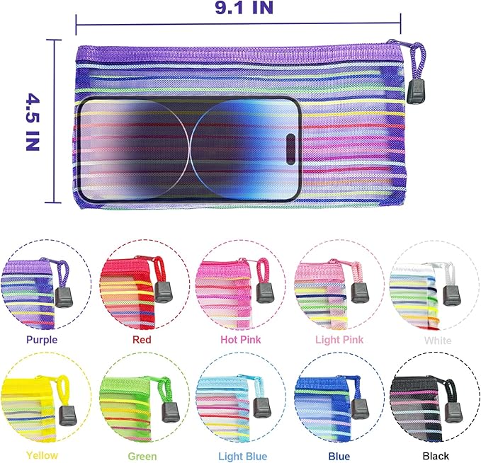 Mesh Bags with Zipper (40 Pack), Small Nylon Makeup Bag Cosmetic Pouches Travel Organizer for Purse Diaper Bag Home Organizing Striped Mix 10 Colors