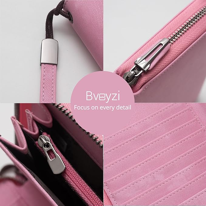 Bveyzi Women RFID Blocking Wallet Leather Zip Around Phone Clutch Large Capacity Ladies Travel Purse Wristlet | RFID Blocking, Zip Around, Large Capacity