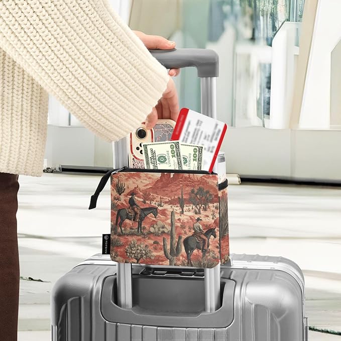 Luggage Cup Holder for Suitcases Free Hands Travel Cup Holder Portable Suitcase Cup Drink Holder Luggage Cup Caddy Bag Carrier Cowboys Horses Cactus Desert