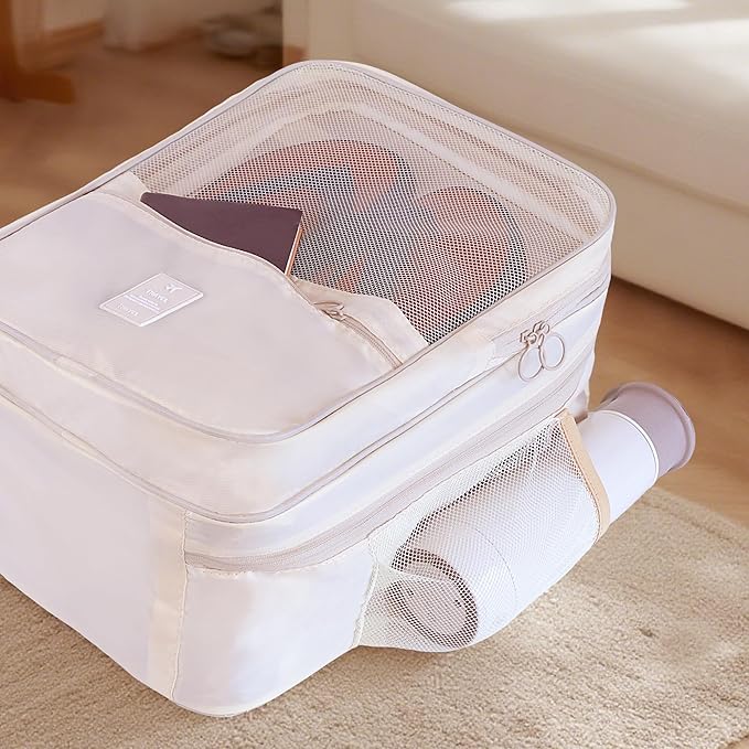 Large Shoe Bags for Travel Holds 4 Pair of Shoes, Shoe Storage Pouch with 3 Layers Compartments, Waterproof & Washable (Cream)
