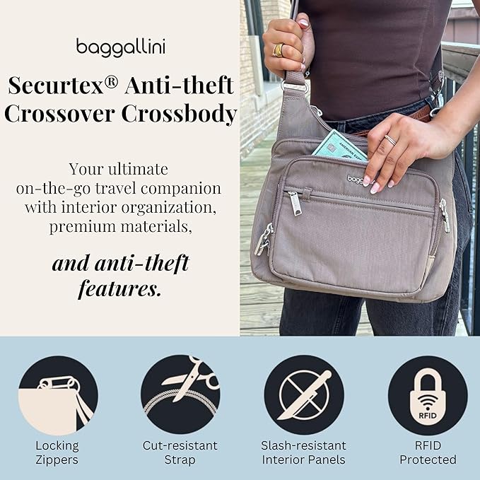 Baggallini Securtex Anti-theft Crossover Crossbody Bag 11”w X 8.5”h, Rfid, Built-in Wallet, Locking Zippers